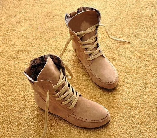 Autumn Solid Color Lace Up Flat Short Boots