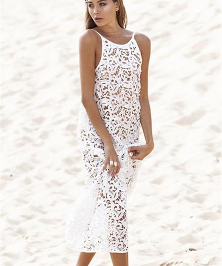 Leaves Lace Transparent Backless Cover Up Beach Dress - Meet Yours Fashion - 1
