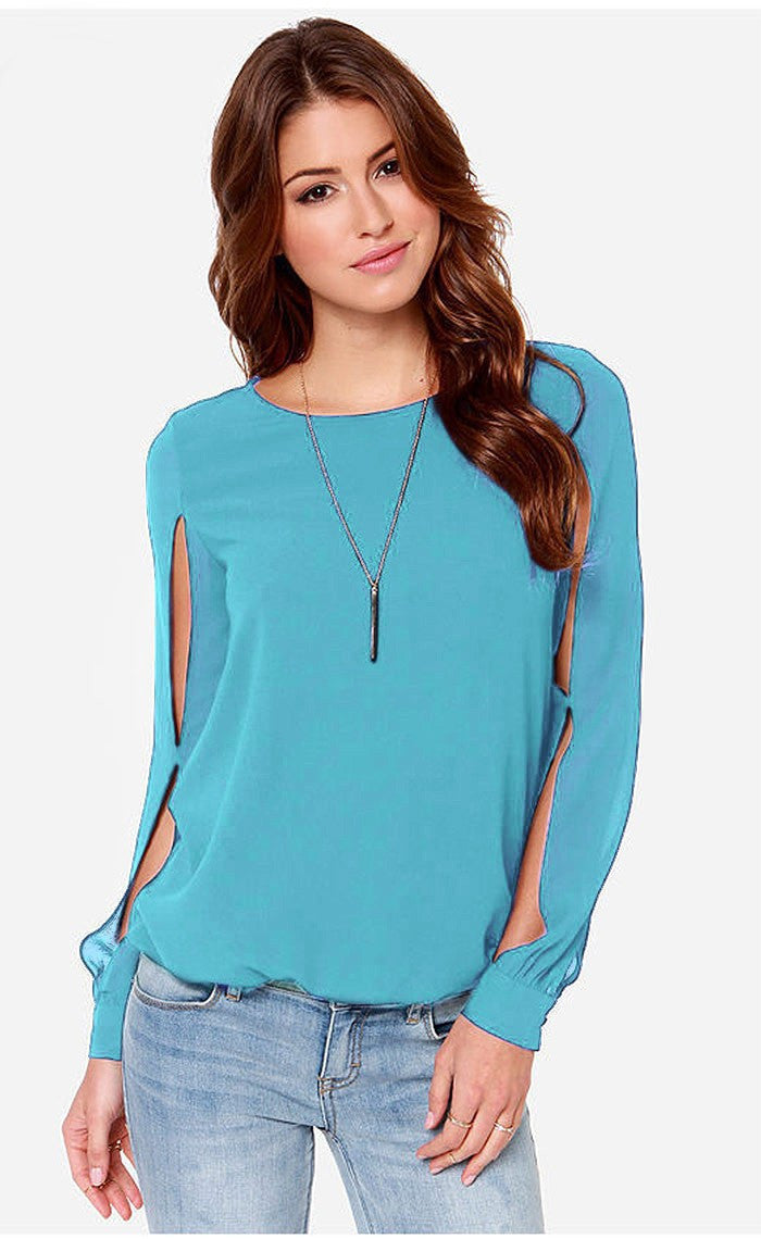 Scoop Long Sleeves Split Casual Chiffon Blouse - Meet Yours Fashion - 5