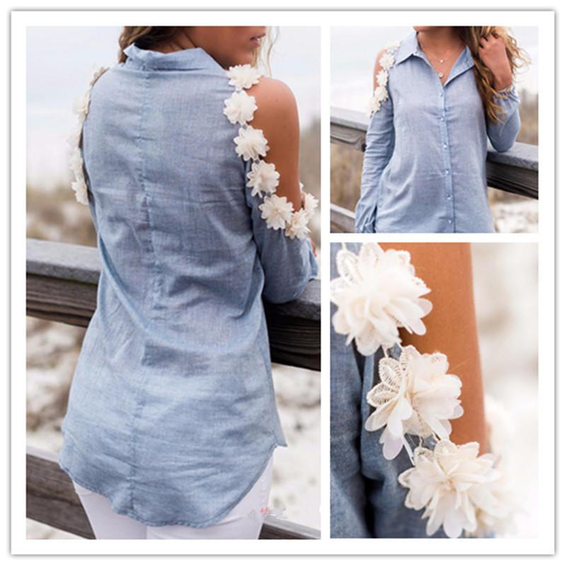 Bare Shoulder Hollow Flowers Turn-down Collar Slim Blouse - Meet Yours Fashion - 2