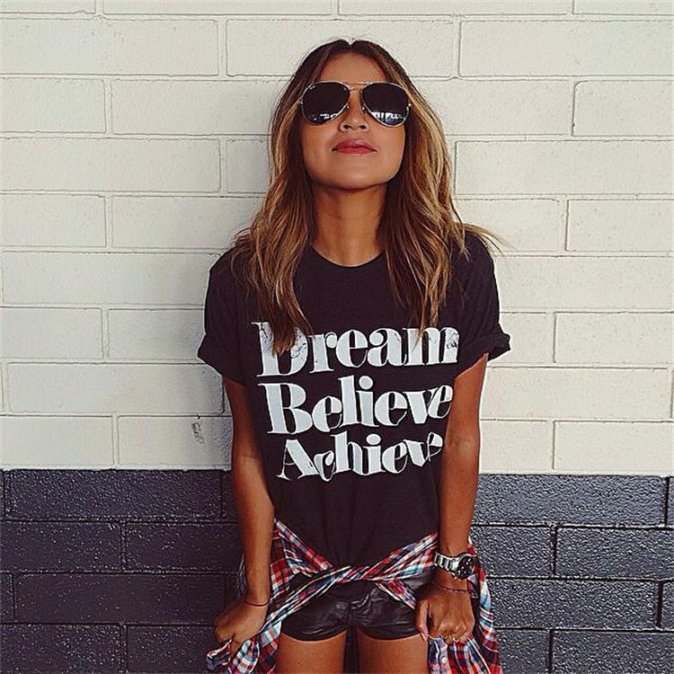 Dream Believe Achieve Letter Print Woman Top T-shirt - Meet Yours Fashion - 1