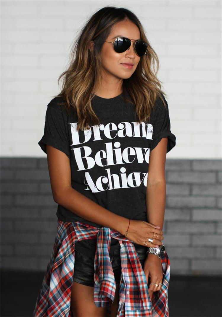 Dream Believe Achieve Letter Print Woman Top T-shirt - Meet Yours Fashion - 2