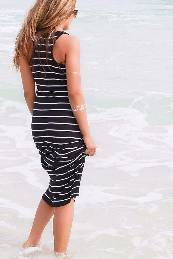 Fashion Sleeveless Stripped Long Beach Dress