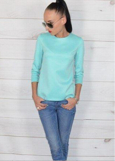 Scoop 3/4 Sleeves Back Button Pure Color Chiffon Blouse