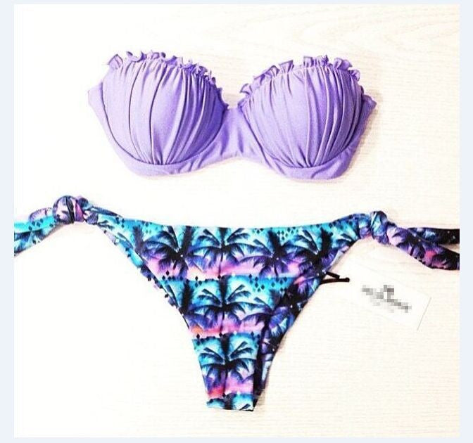 Purple Removable Straps Print Padded Two Pieces Swimwear