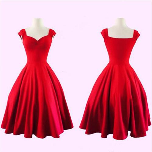 Pure Color Square Sleeveless Ball Gown Vintage Knee-length Dress