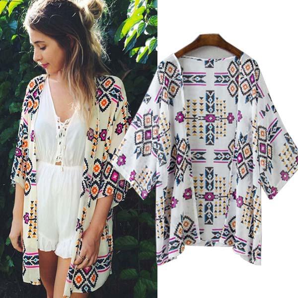 Flower Print Chiffon Beach Cover Up Blouse - Meet Yours Fashion - 2