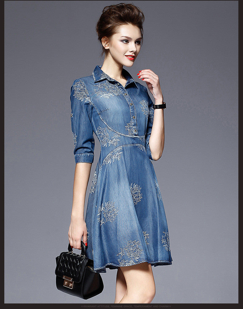 Flower Button POLO-neck Short Sleeve Knee-length Dress - Meet Yours Fashion - 4