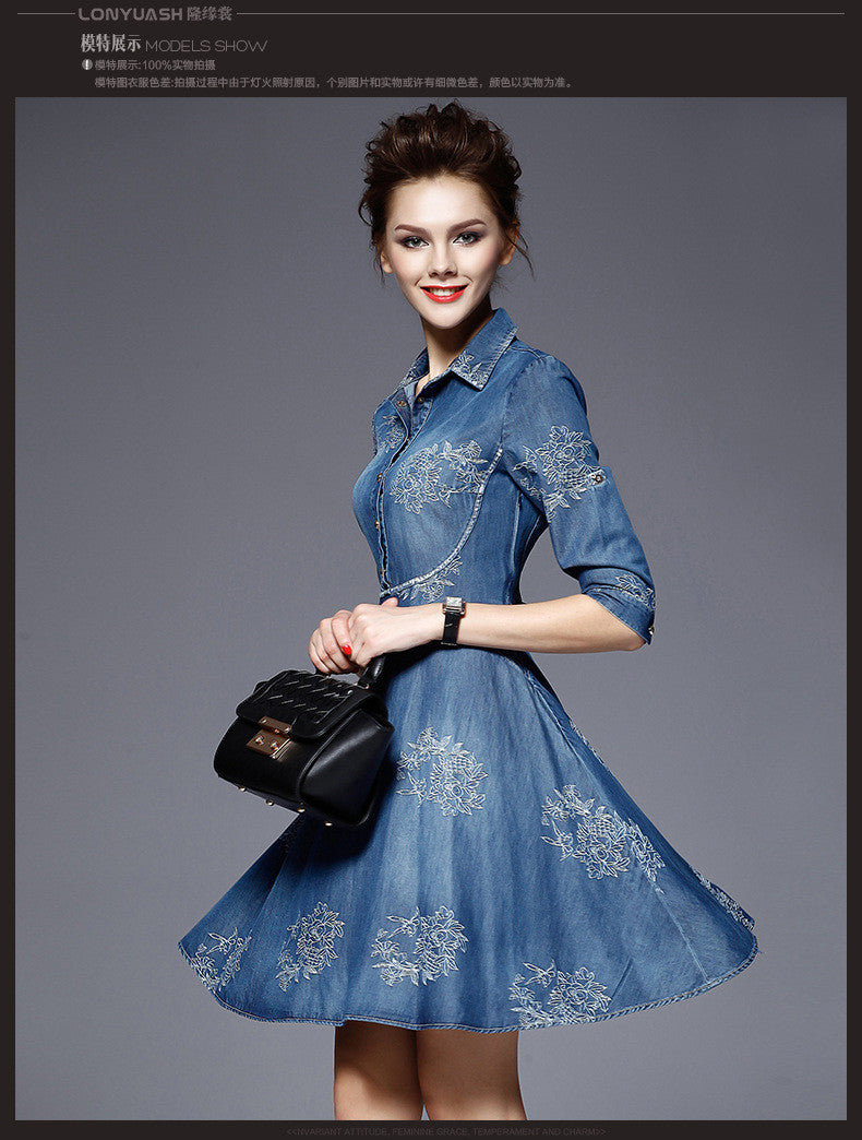 Flower Button POLO-neck Short Sleeve Knee-length Dress - Meet Yours Fashion - 1