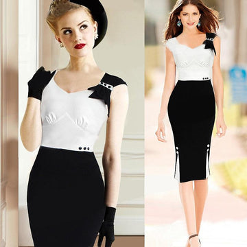 Patchwork Sleeveless O-neck Knee-length Office Dress - Meet Yours Fashion - 1