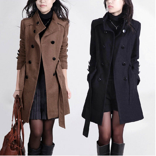 Double Breasted Stand Collar Belt Slim Long Plus Size Coat