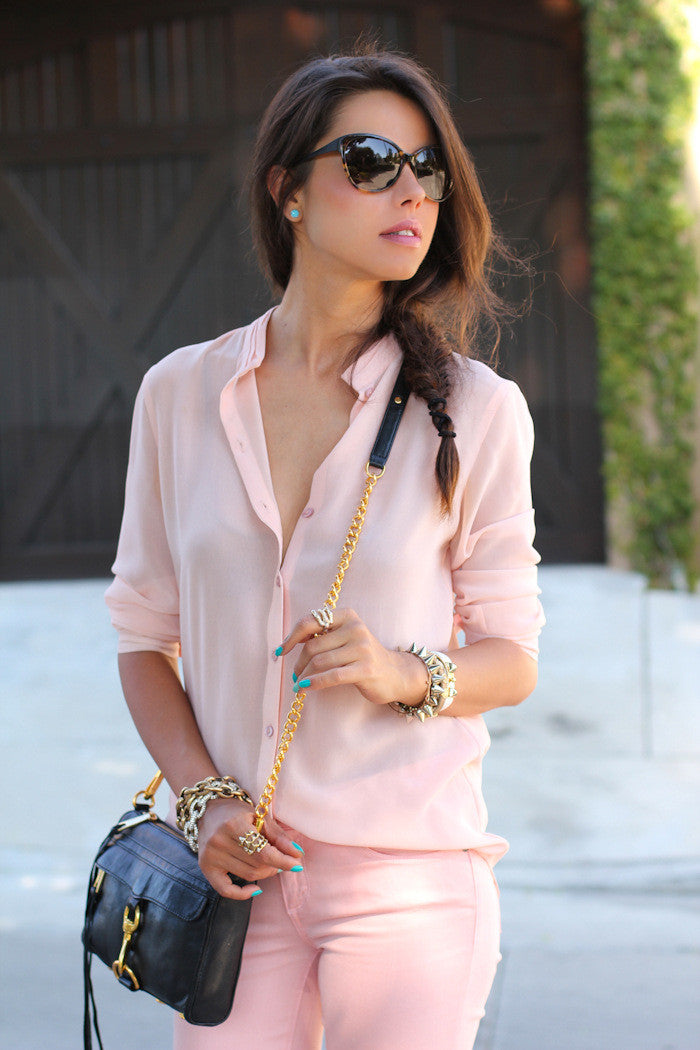Long Sleeves Pure Color V-neck Slim Blouse