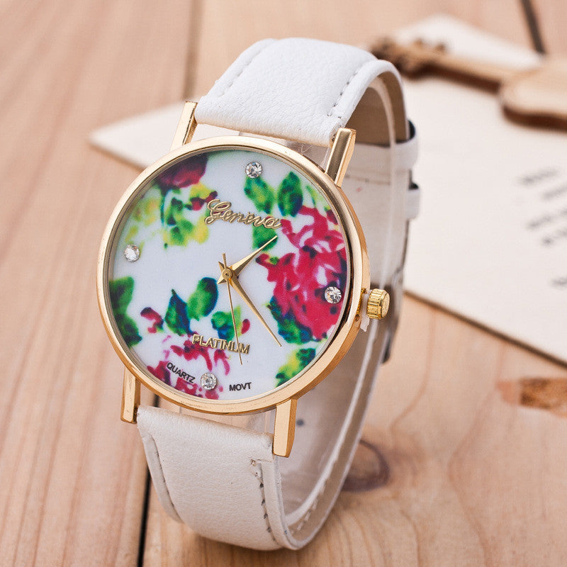 Floral Print Crystal Fashion Watch
