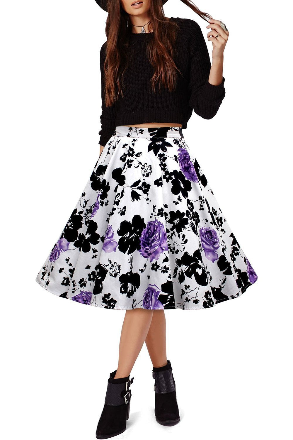Flower Print A-line Flared Pleated High Waist Knee-length Skirt - Meet Yours Fashion - 6