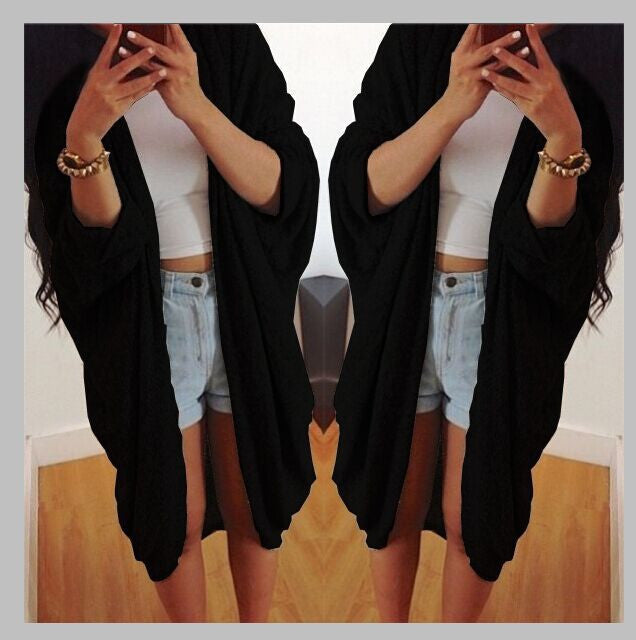 Batwing Solid Pleated Long Cardigan Coat - Meet Yours Fashion - 2