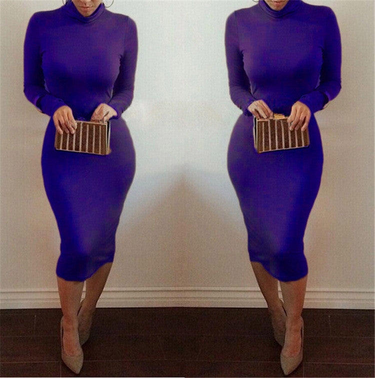 High Neck Long Sleeves Bodycon Pure Color Party ClubDress - MeetYoursFashion - 9