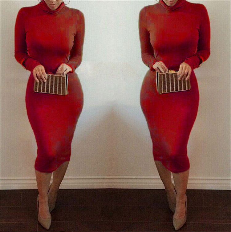 High Neck Long Sleeves Bodycon Pure Color Party ClubDress - MeetYoursFashion - 5