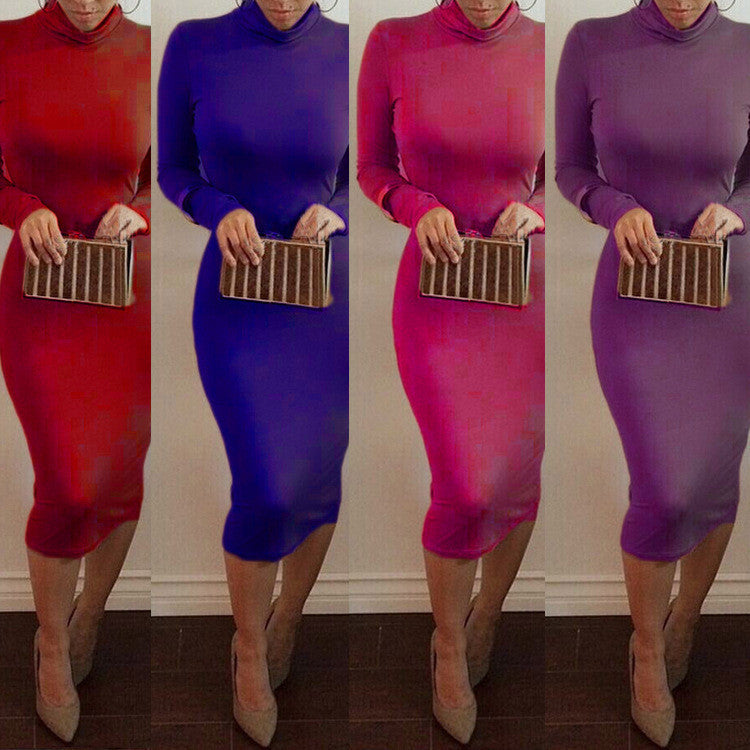 High Neck Long Sleeves Bodycon Pure Color Party ClubDress - MeetYoursFashion - 12