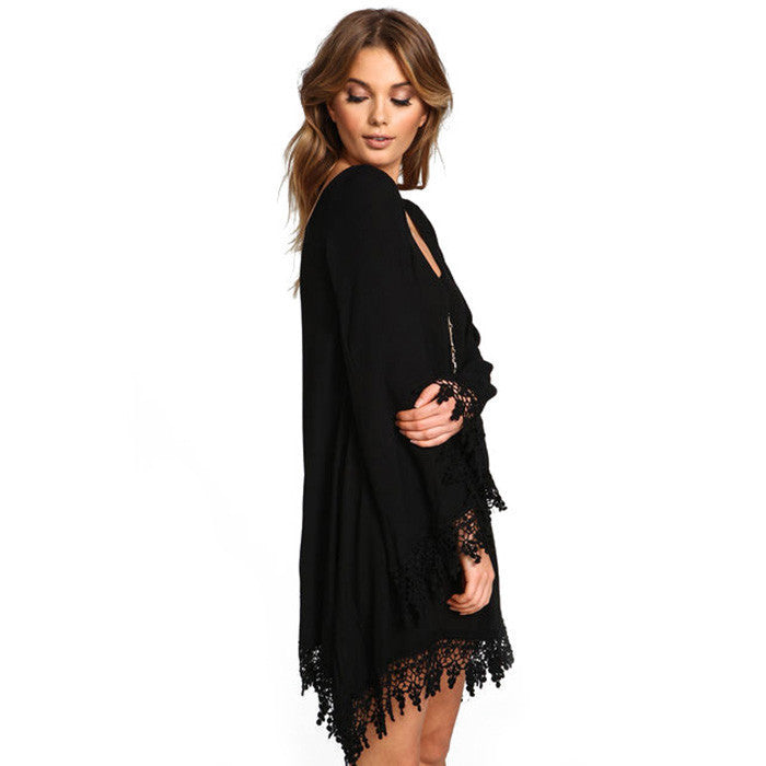 Plus Size Long Sleeve Tassel Black Short Dress