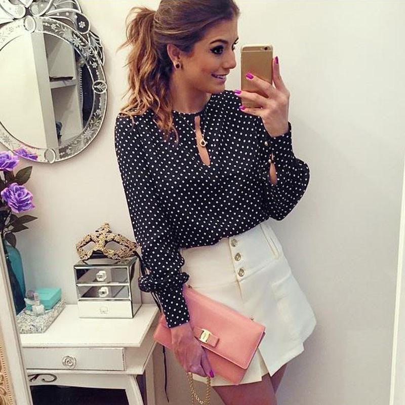 Black And White Dots Printed Long Puff Sleeves Scoop Blouse - Meet Yours Fashion - 1