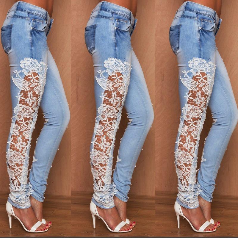 Elastic Lace Patchwork Slim Sheath Sexy Jeans - Meet Yours Fashion - 2