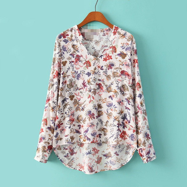 Floral Stand V-neck Long Sleeves Fashion Blouse - Meet Yours Fashion - 2