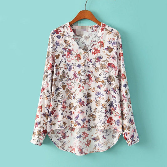 Floral Stand V-neck Long Sleeves Fashion Blouse