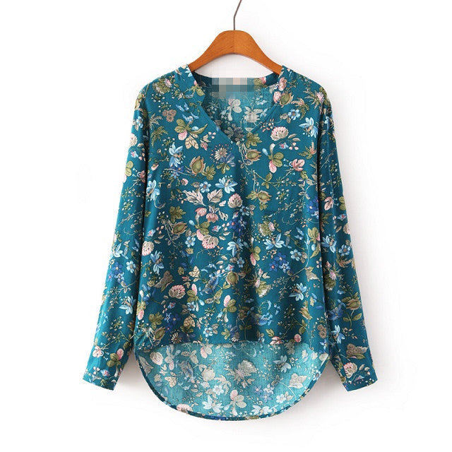 Floral Stand V-neck Long Sleeves Fashion Blouse - Meet Yours Fashion - 5