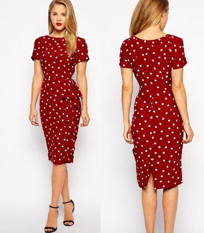Slim Print Dots O-neck Short Sleeve Knee-length Dress - Meet Yours Fashion - 2
