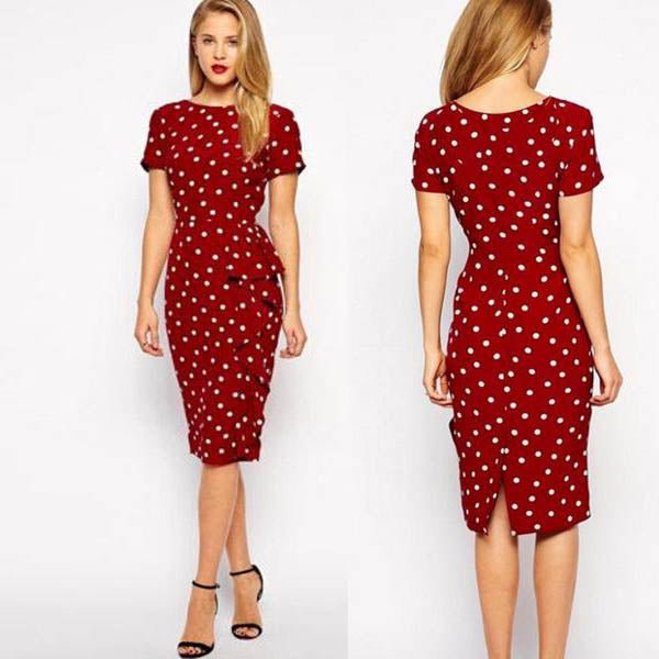 Slim Print Dots O-neck Short Sleeve Knee-length Dress