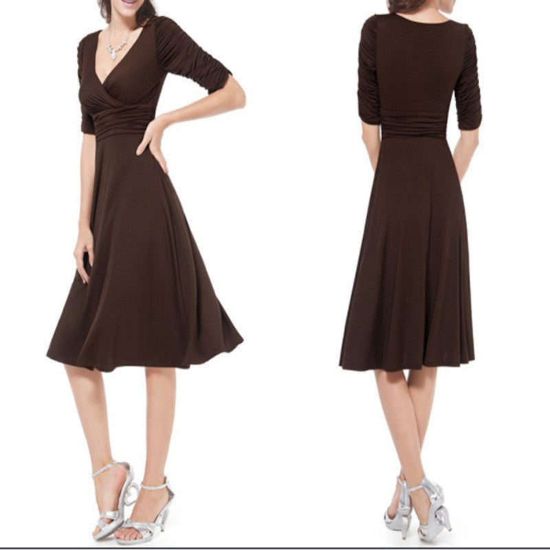 V-neck Ruched Empire Half Sleeves Knee-length A-line Dress