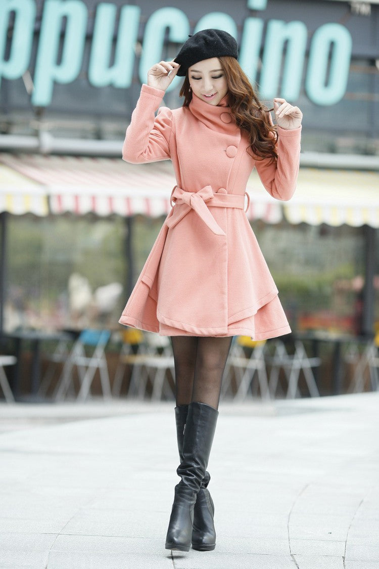 High Neck Long Sleeves Button Wool Dress Coat With Belt