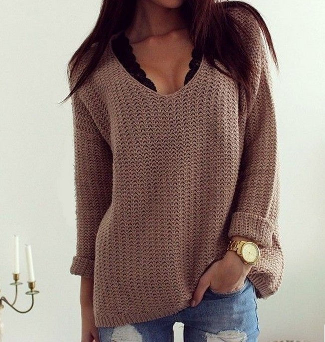 Deep V-neck Hollow Out Loose Pullover Sweater - MeetYoursFashion - 1