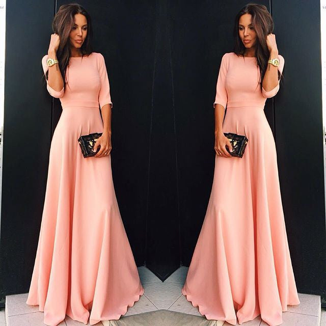 Slim Pure Color 3/4 Sleeves Pleated Long Maxi Dress - MeetYoursFashion - 3