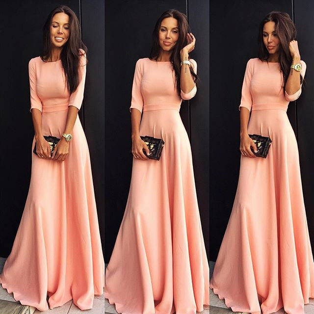 Slim Pure Color 3/4 Sleeves Pleated Long Maxi Dress - MeetYoursFashion - 1