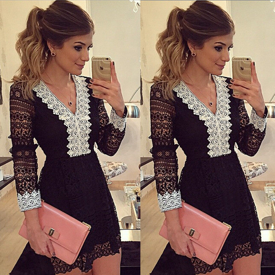 Hollow Out Long Sleeves Lace Little Black Party Dress - MeetYoursFashion - 3