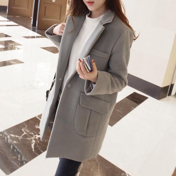 Lapel Slim Casual Long Sleeves Knee-length Thick Woolen Coat - Meet Yours Fashion - 2