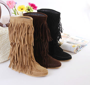 Tassels Round Toe Solid Color Flat Half Boots