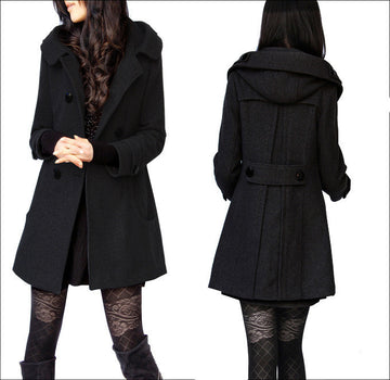 Woolen Double Button Hooded Slim Long Coats - Meet Yours Fashion - 2
