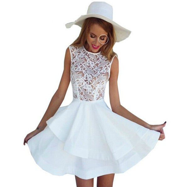Scoop Sleeveless Pleated Splicing Short Lace Dress