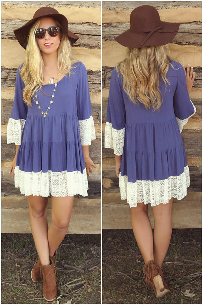 3/4 Sleeves Solid Color Scoop Lace Splicing Short Dress - Meet Yours Fashion - 4