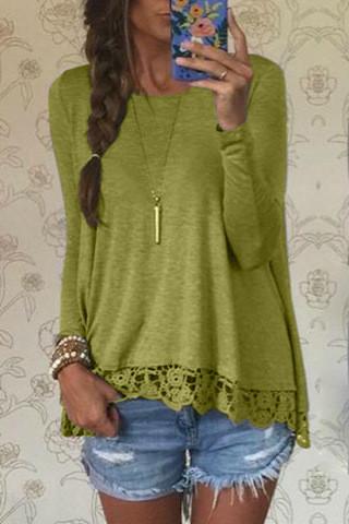 Lace Patchwork Long Sleeves Casual Loose Scoop T-shirt - Meet Yours Fashion - 2