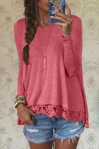Lace Patchwork Long Sleeves Casual Loose Scoop T-shirt - Meet Yours Fashion - 5