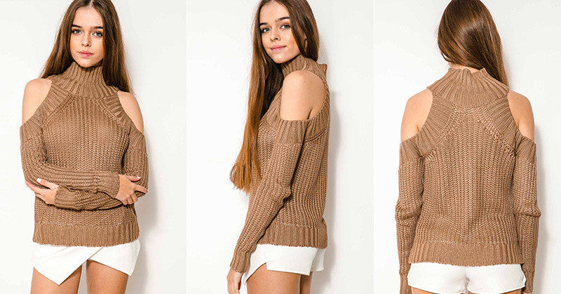 Bear Shoulder High Collar Hollow Pure Color Sexy Sweater - Meet Yours Fashion - 8