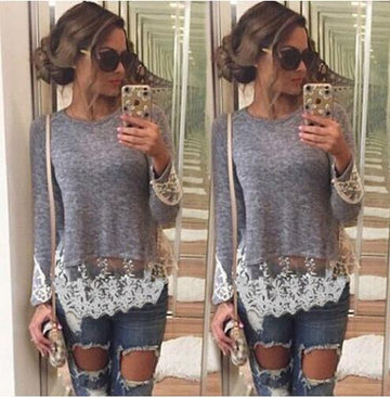 Lace Patchwork Long Sleeves Scoop Irregular Blouse - Meet Yours Fashion - 1