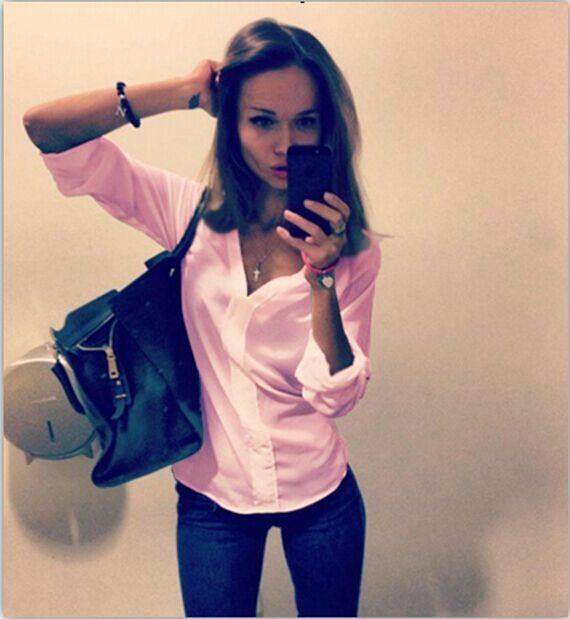 V-neck Long Sleeves Pure Color Slim Blouse Shirt - Meet Yours Fashion - 4