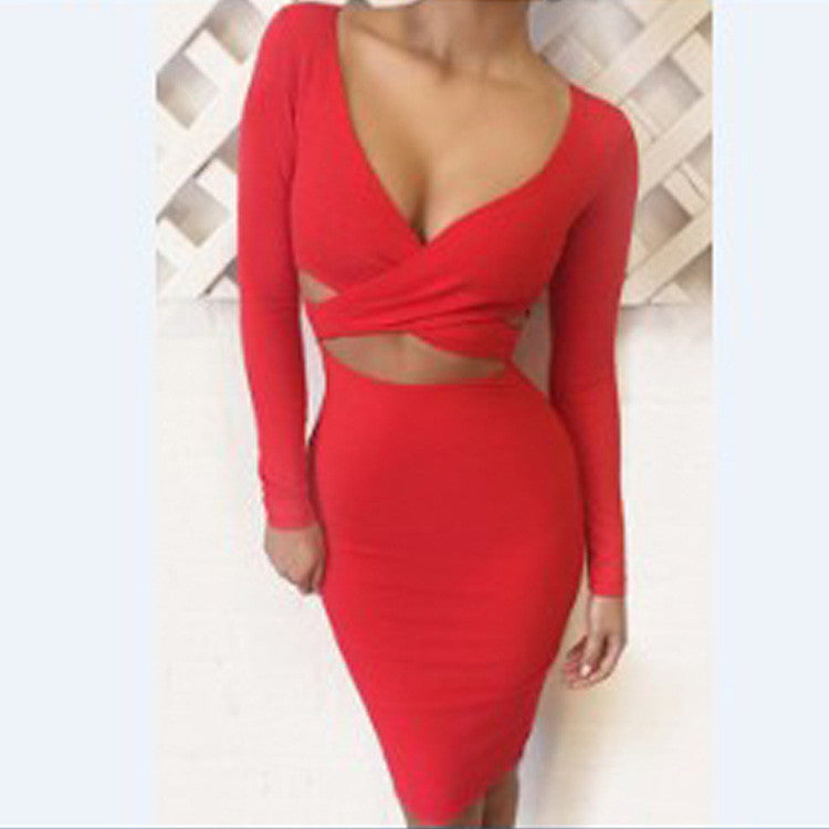 Hollow Out V-neck Bandage Bodycon Dress - MeetYoursFashion - 2