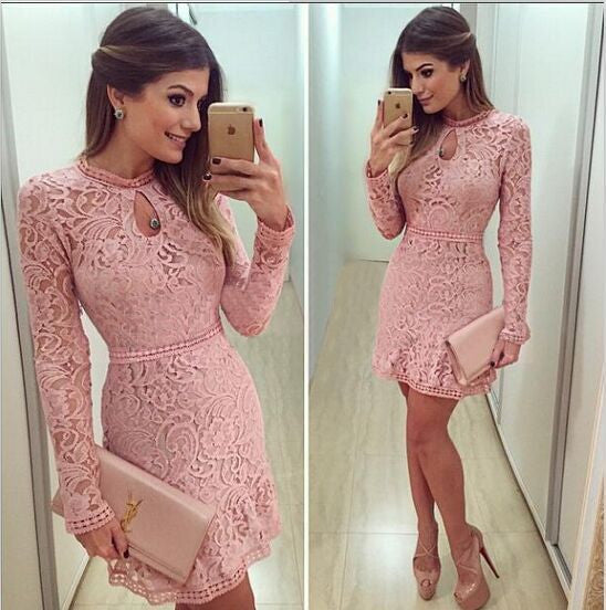 Lace Hollow Out Long Sleeves Mini Party Dress - Meet Yours Fashion - 1