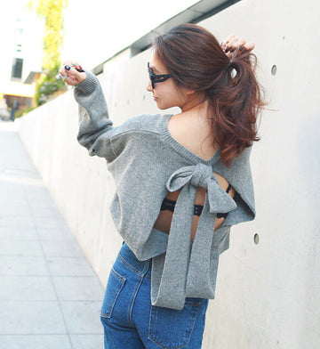 Backless Bow Tie Hollow Knit Pullover Sweater - Meet Yours Fashion - 3