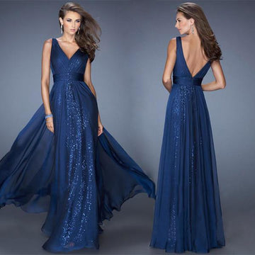 V-neck Slim Fit Backless Long A-line Party Prom Dress - Meet Yours Fashion - 1